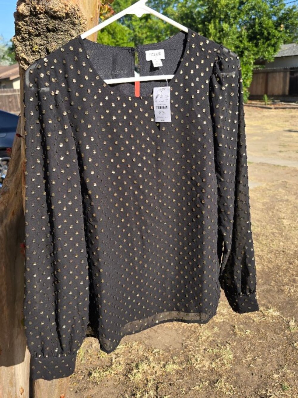 J.Crew NWT Women's Small S Metallic Gold Clip Dot Blouse Black Long Sleeve BV607
